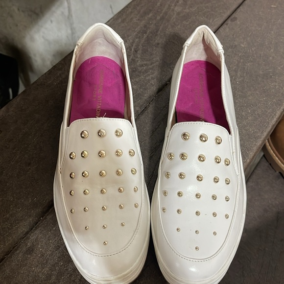 Adrienne Vittadini Shoes - Adrienne Vittadini White and Gold Studded Flats